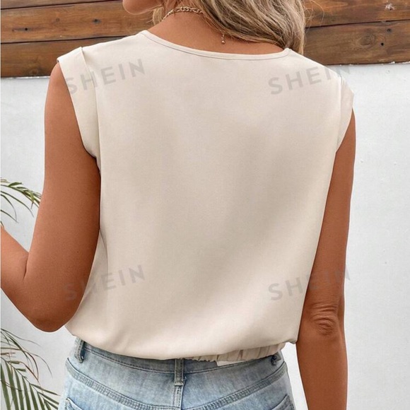 Frenchy Solid Color Notched Collar Knot Front Sleeveless Bow Blouse - Picture 4 of 6